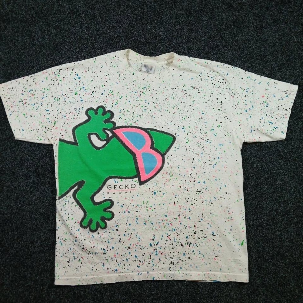Vintage 1980s Gecko Hawaii Paint Splatter T-Shirt Large Single Stitch White